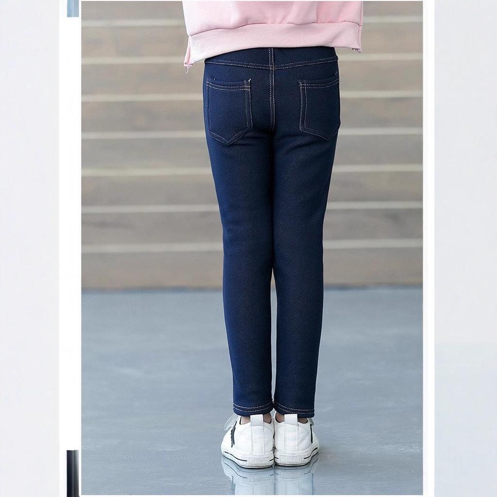 Girls' Korean-Style Warm Velvet Leggings for Autumn & Winter - Denim Look, Slim Fit for Kids