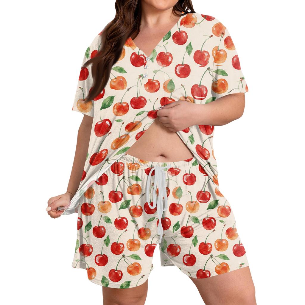 Women Casual Two Piece Set Short Sleeve V Neck Loose Fit Top with Elastic Waist Shorts Plus Size Printed Loungewear Sleepwear Set