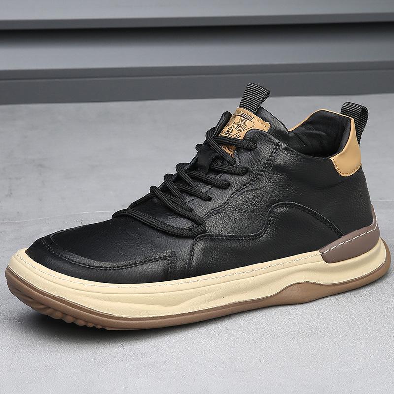 High-top Men's Shoes Cowhide European Station Trend Versatile Brown Retro Leather Velvet Casual Board Shoes Men's Cotton Shoes