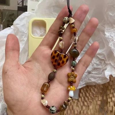 Leopard Heart Beaded Phone Chain Rope Resin Hanging Cord Y2K Wrist Lanyard Strap  For Girl Woman