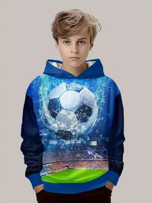 Jungen 3D Fußball Harajuku Print Hoodie Lässig Polyester Langarm Mode Sport Pullover Aktives Sweatshirt zum Laufen