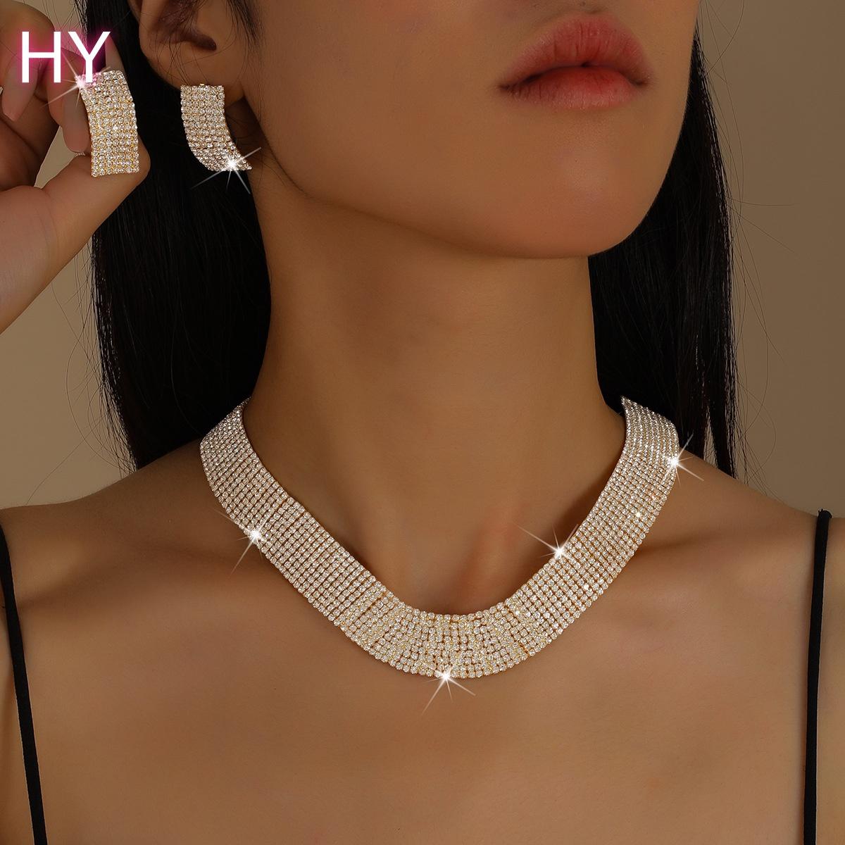 HY Luxury Fashion Evening Dress Bride Engagement Wedding Jewelry Set Silver Plated Inlaid Rhinestone Earrings and Necklace Set золотой