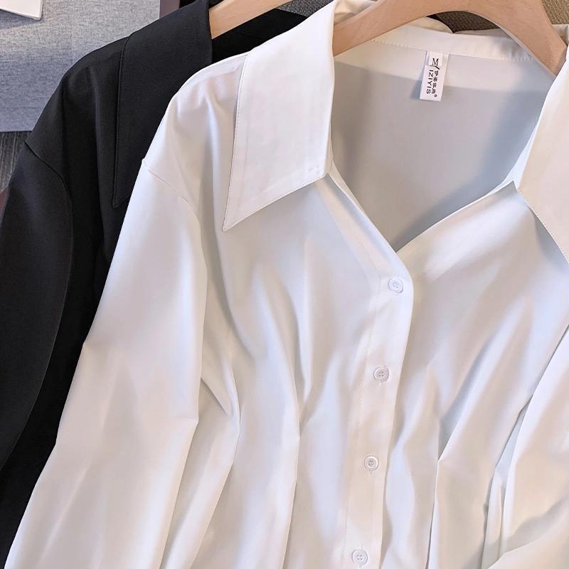 Women V Neck Waist Cinched Long Sleeve Button Up Shirt
