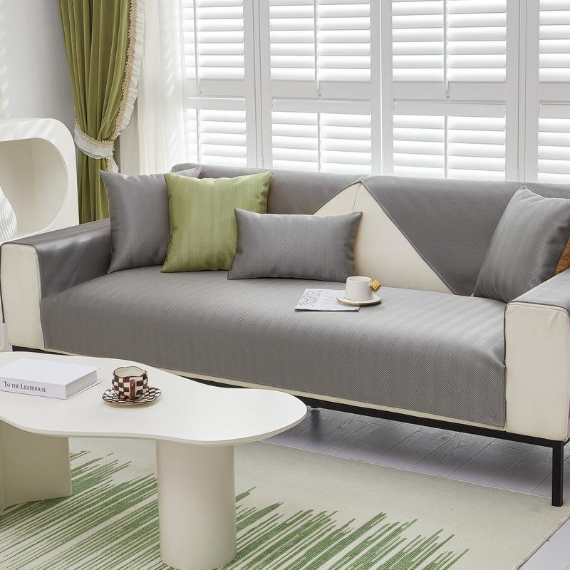 Solid Color Herringbone Pattern Ice Silk Sofa Cushion, Cool And Non-Slip Seat Cushion In Summer, Modern Simple Green Sofa Cover