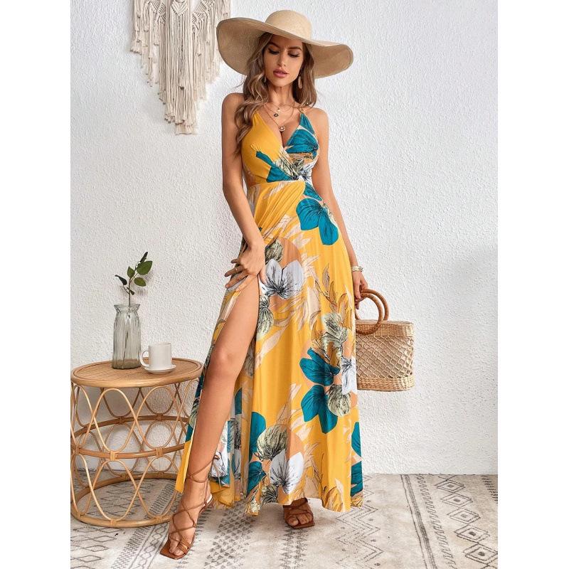 Tropical Print High Slit Strap Dress - European & American Style