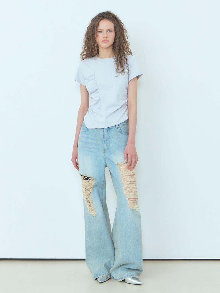 ETMON Curved Shirring T-Shirt Blue Gray