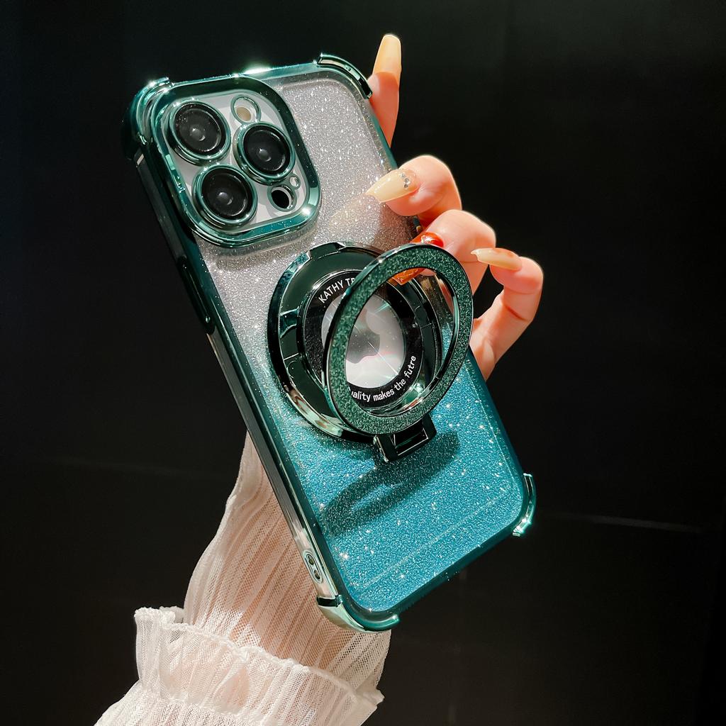 For iPhone 15 Pro Max Luxury Magsafe Magnetic Flash Plating Stand Phone Case For iPhone 11 12 13 14 16Plus Lens Protective Cover