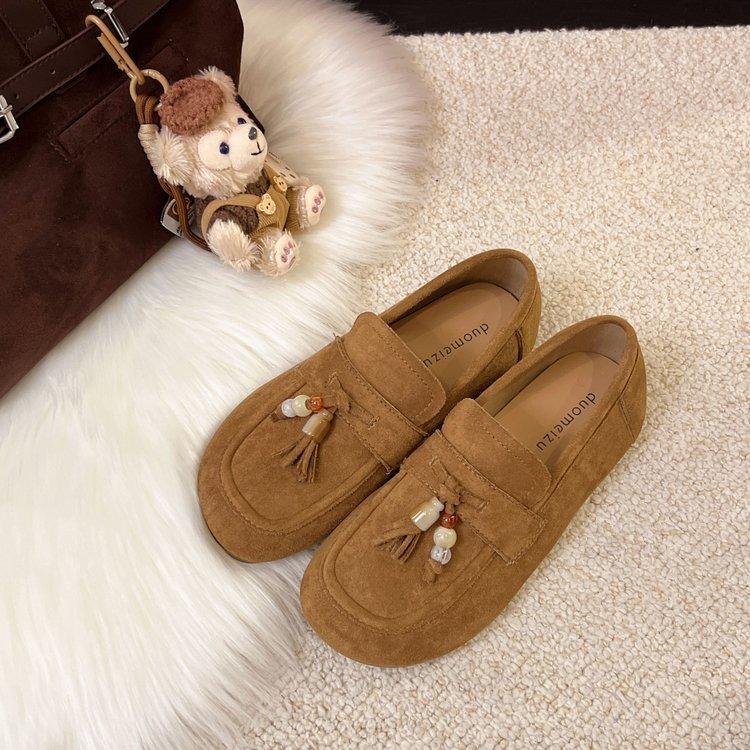 

Boken shoes women s 2025 autumn new soft-soled suede one-pedal loafers beaded tassel fashion versatile single shoes 42 верблюд
