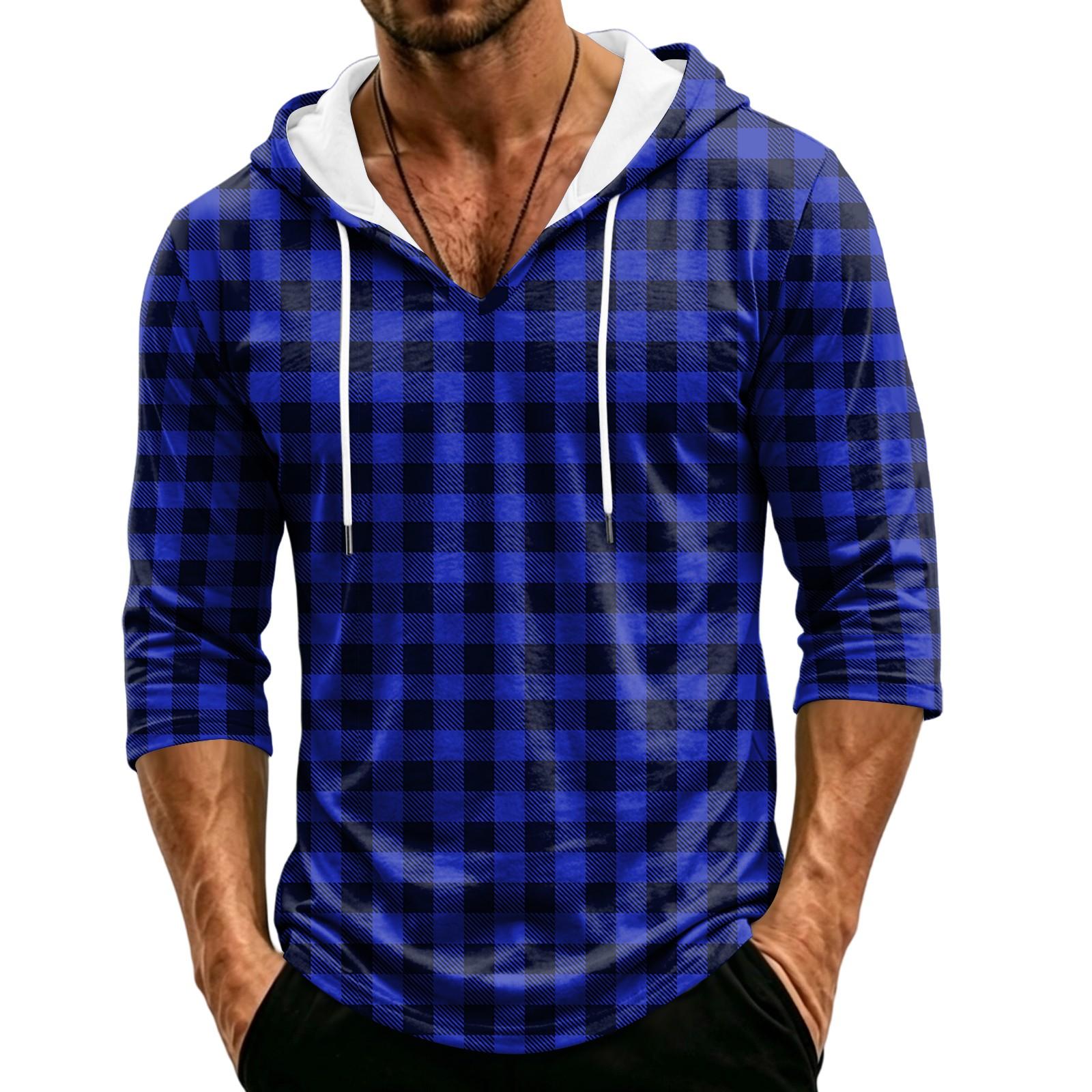 Men s Casual Hooded Plaid Three-Quarter Sleeve Shirt XL синий