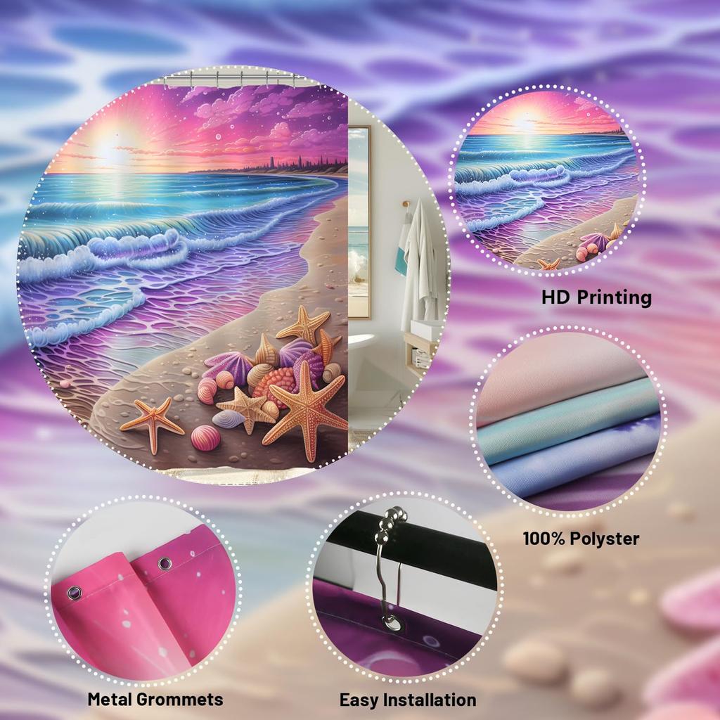 Purple Sunrise Beach Shower Curtain Coastal Shell Shower Curtain Suitable For Bathroom Waterproof Fabric Bathroom Curtain With Hook