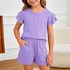 Girls Buttoned Plain Ruffle Sleeve Top and Shorts Two Piece Set