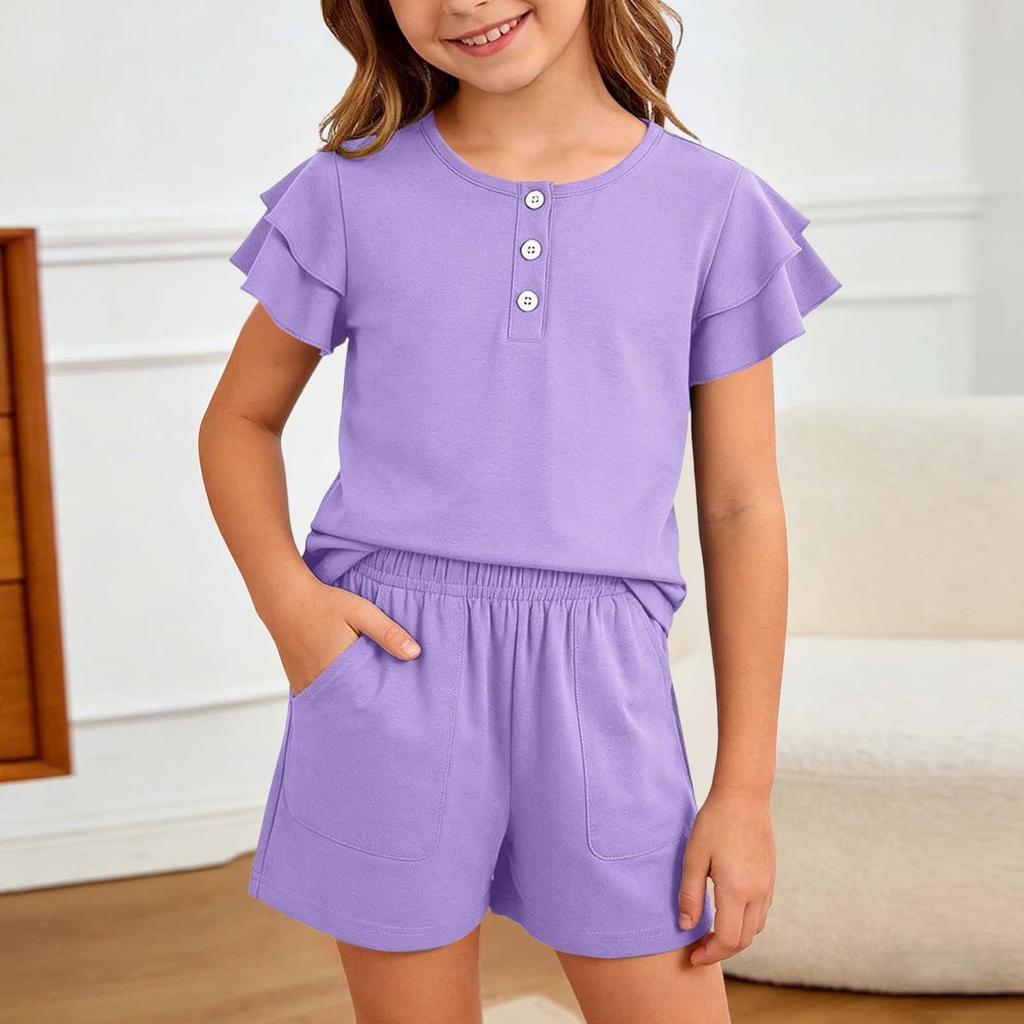 Girls Buttoned Plain Ruffle Sleeve Top and Shorts Two Piece Set