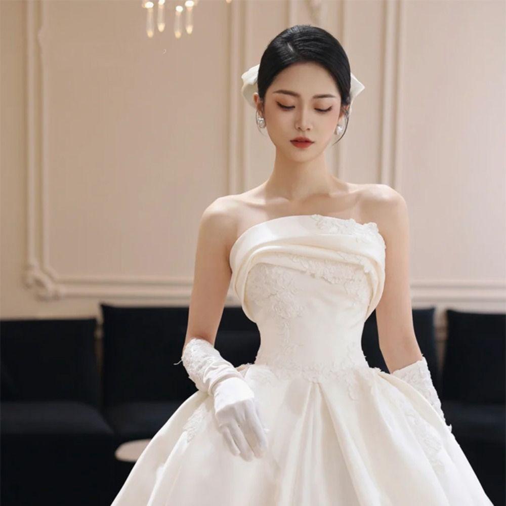 White Satin Long Gloves Lace Long Finger Mittens Retro Wedding Bridal Gloves Dinner