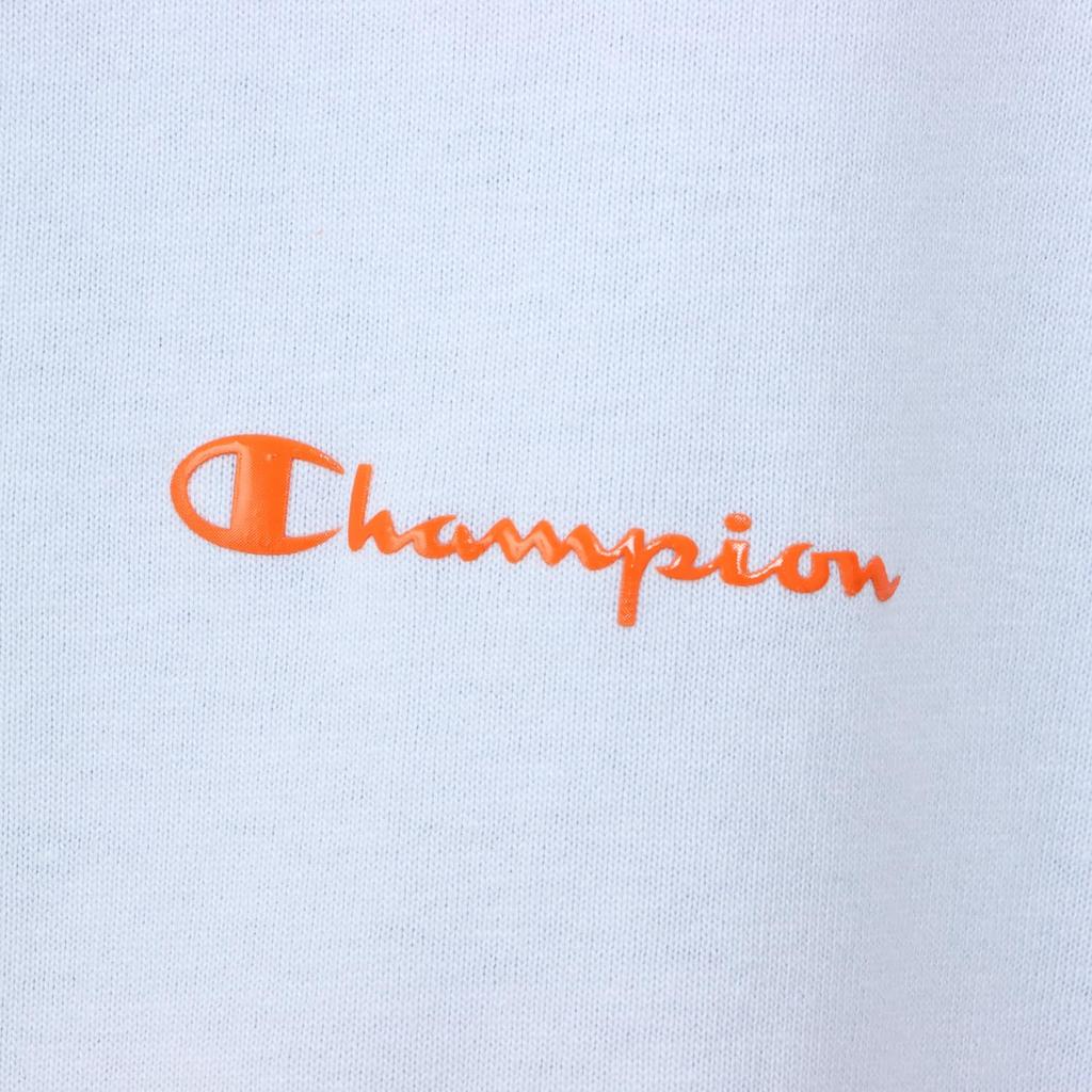 Champion Short Sleeve Crew Neck Cotton USA Relax Script Garment Pale Sax Women's Shirt, 100% Fit, Logo, Wash, (CW-B322)