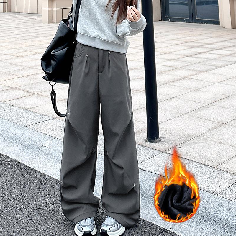

Working Trousers for Women Design Winter Plus Fleece New Niche Loose Straight Wide-leg Casual Pants XL