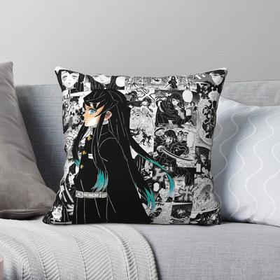 Demon Slayer Muichiro Tokito Taie d'oreiller carrée Polyester Lin Velours Imprimé Fermeture éclair Décor Housse d'oreiller à jeter Housse de coussin de lit