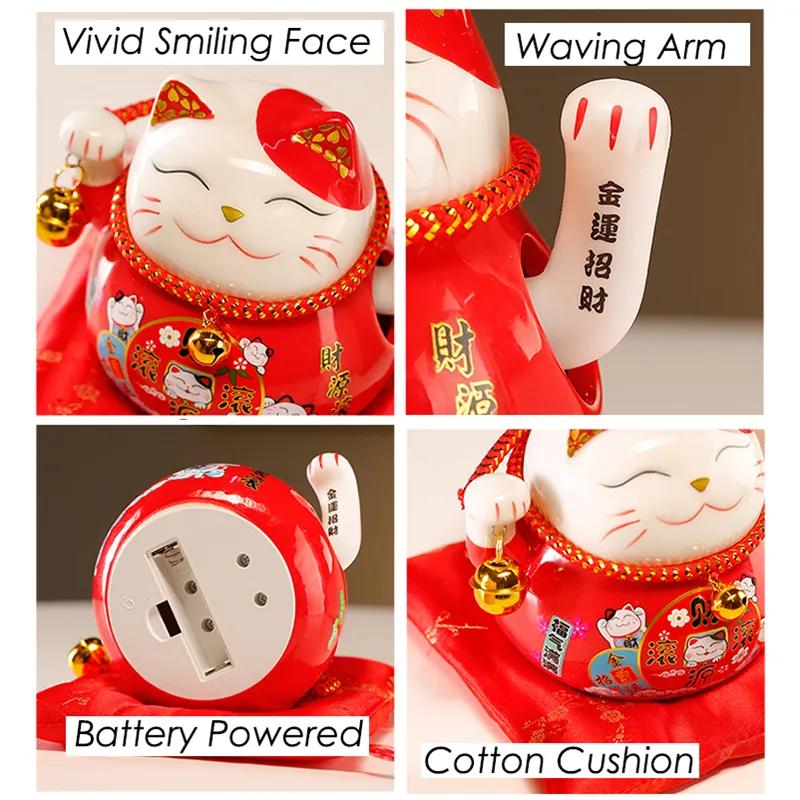 Ceramic Beckoning Lucky Cat Battery Powered Fortune Cat Waving Arm Maneki Neko Gift Idea Box Home Use Decoration Best Centerpiece 45