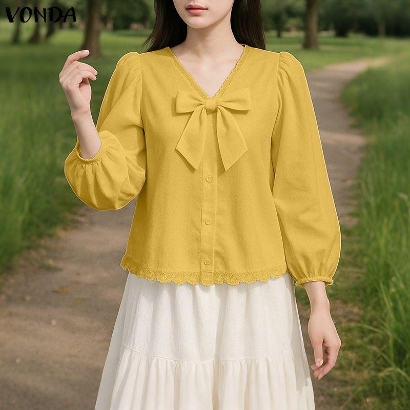 VONDA Women Puff Long Sleeve Lace Hem Bow Knot Casual Blouse Tops