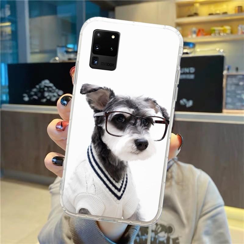 Roztomilý pes knírač nosí brýle pouzdro na telefon pro Samsung Galaxy S10 S21 S22 Plus Ultra A91 A51 A21S A12 Průhledný kryt na telefon