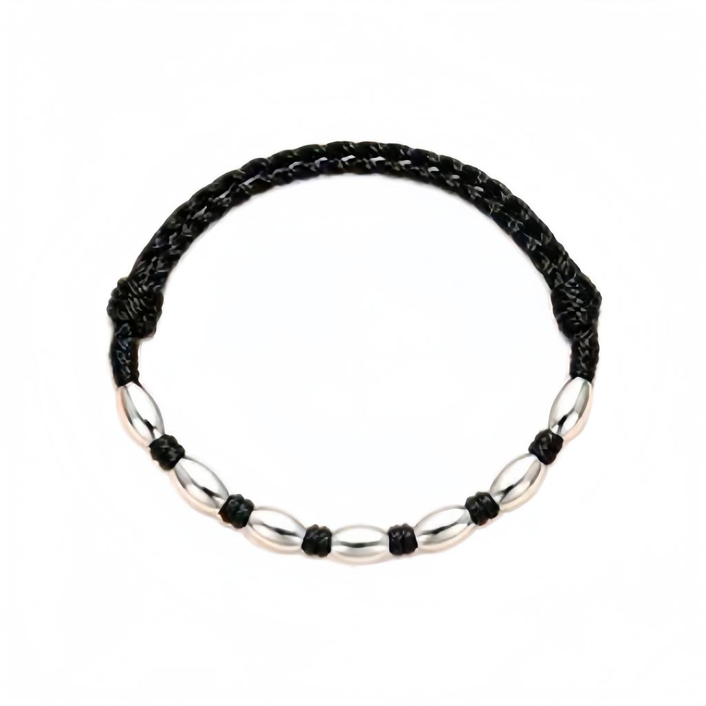 Silver Color Oval Bead Braided Rope Bracelet for Women Adjustable Hand Woven Wrist Jewelry