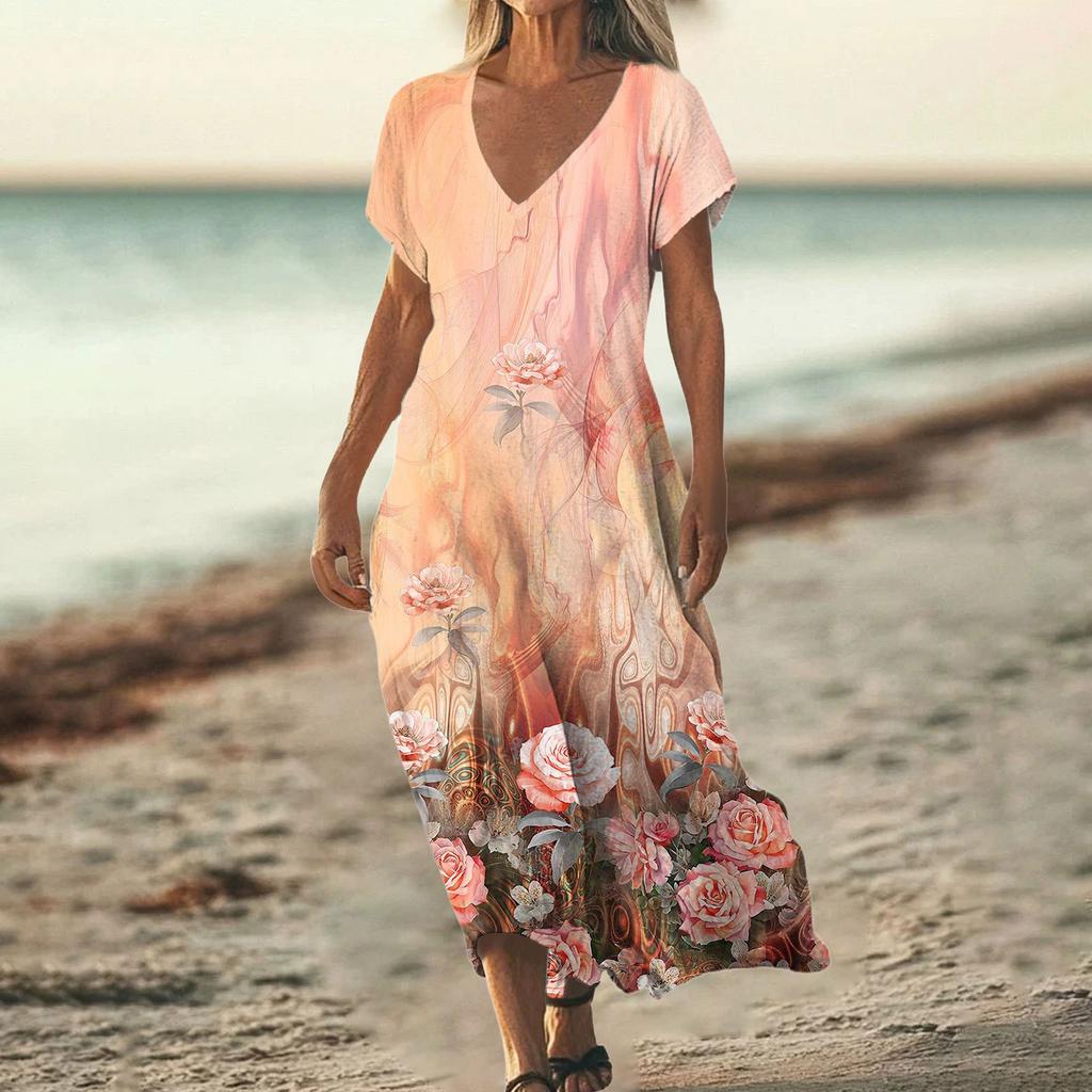 Fashion Women's Summer V-Neck Short Sleeve Vintage Floral Print Beach Dress