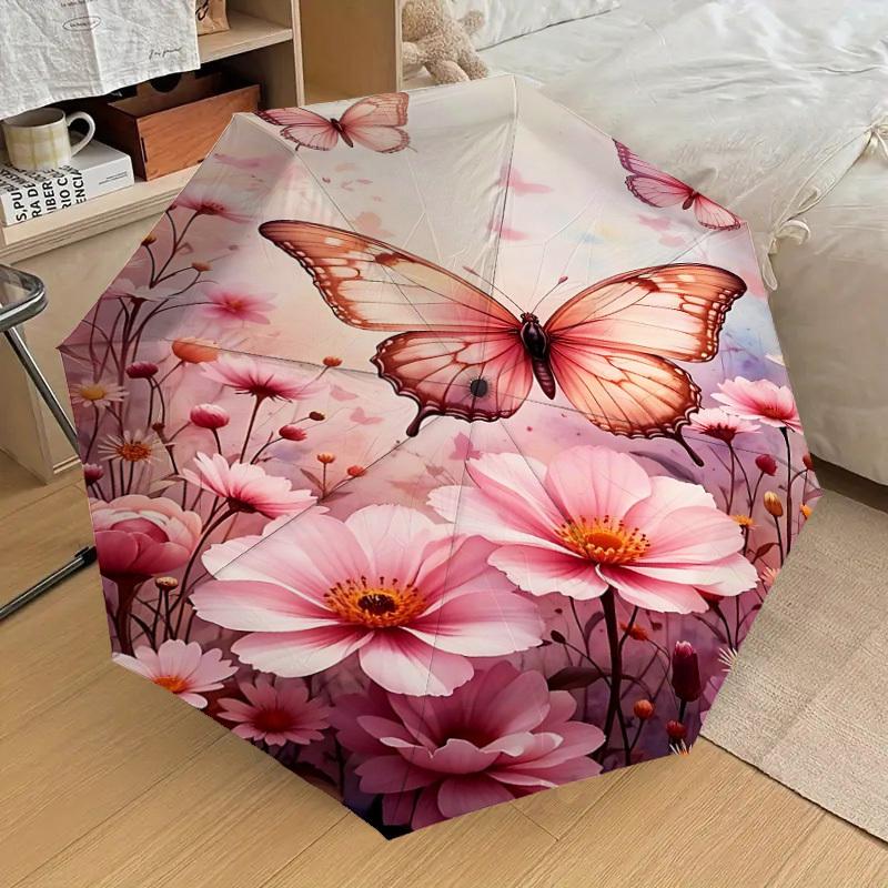 1pc Butterfly Flowers Automatic Open/Close Umbrella Compact Folding Umbrella with 8-Rib Shaft for Women/Men, Portable Travel Umbrella,1181S