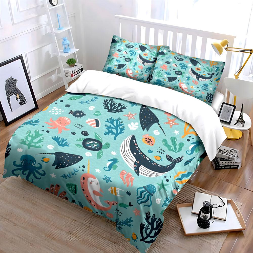 Set Biancheria da Letto a Tema Animali Marini Varie Misure Camera da Letto per Bambini e Adulti Raffinato Set da 3 Pezzi, Regalo