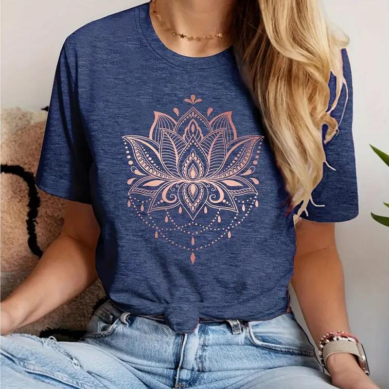 Women Summer T Shirt  Print Lotus Flower Short Sleeve Tees Casual   Printed  Tops
