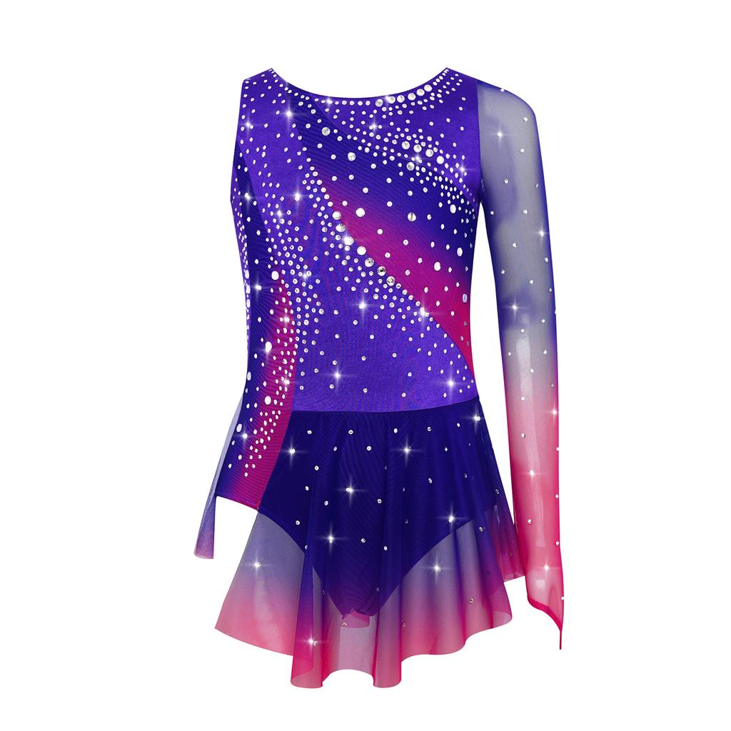 Girls Modern Lyrical Dance Dress High-Low Tulle Split Rhinestone Ballet Gymnastics Leotards Figure Skating Performance Costume