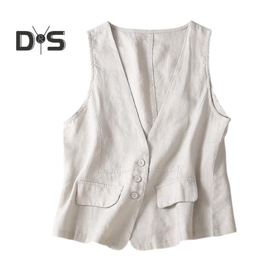 Women's Sleeveless Flax Vest Lightweight Summer Waistcoat with Button Down V Neck Vest Women Accessories