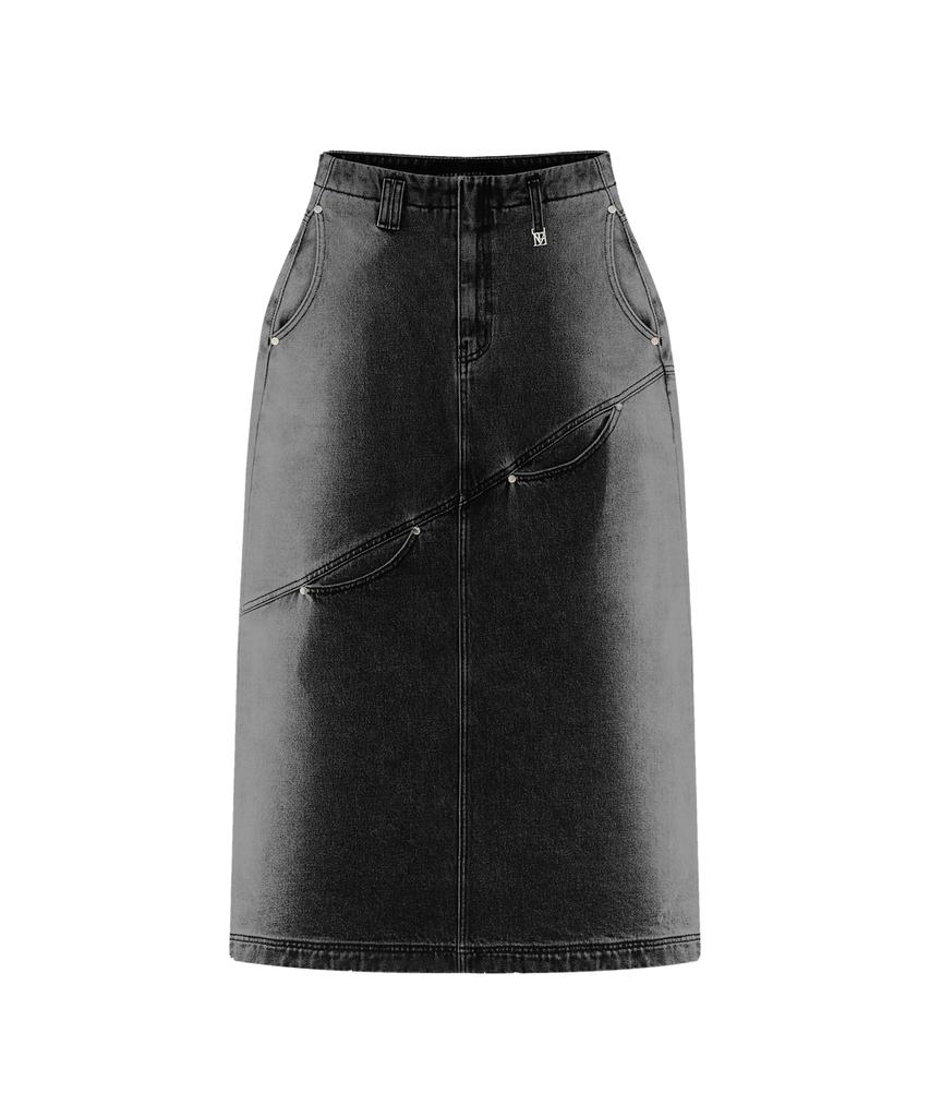 Teulimingbeodeu Curved Pocket Cut Denim Skirt [ Black ]