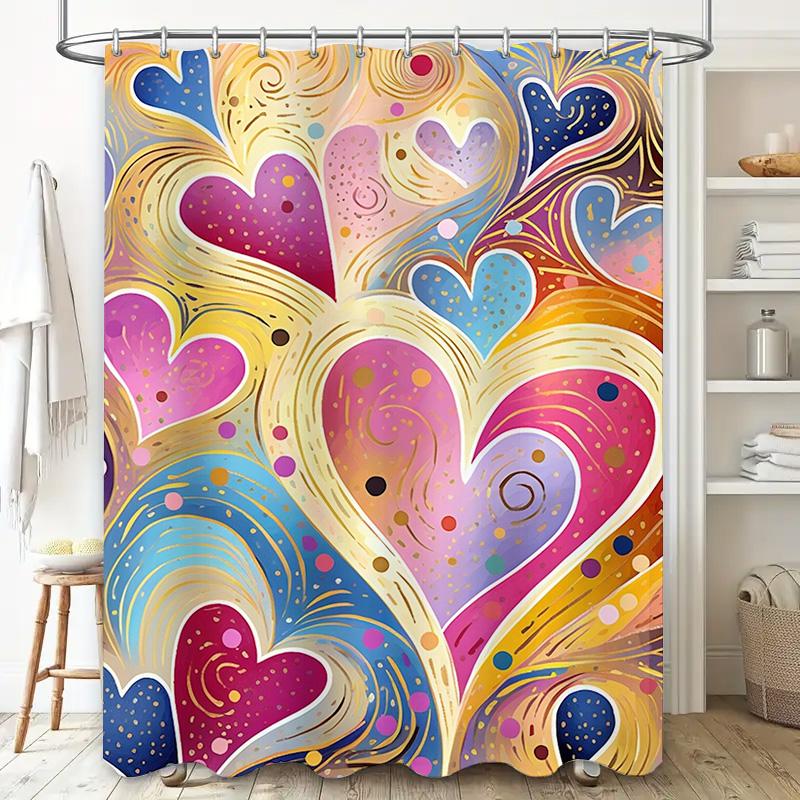 Abstract Multicolor Heart Shower Curtain - Waterproof, Mildew-Resistant, Machine Washable For Vibrant Bathroom Decor