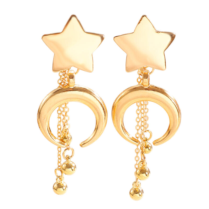 Exaggerated Metal Star Moon Dangle Earrings for Women Ladies Fashion Small Ball Tassel Drop Earrings Party Jewelry Accessories