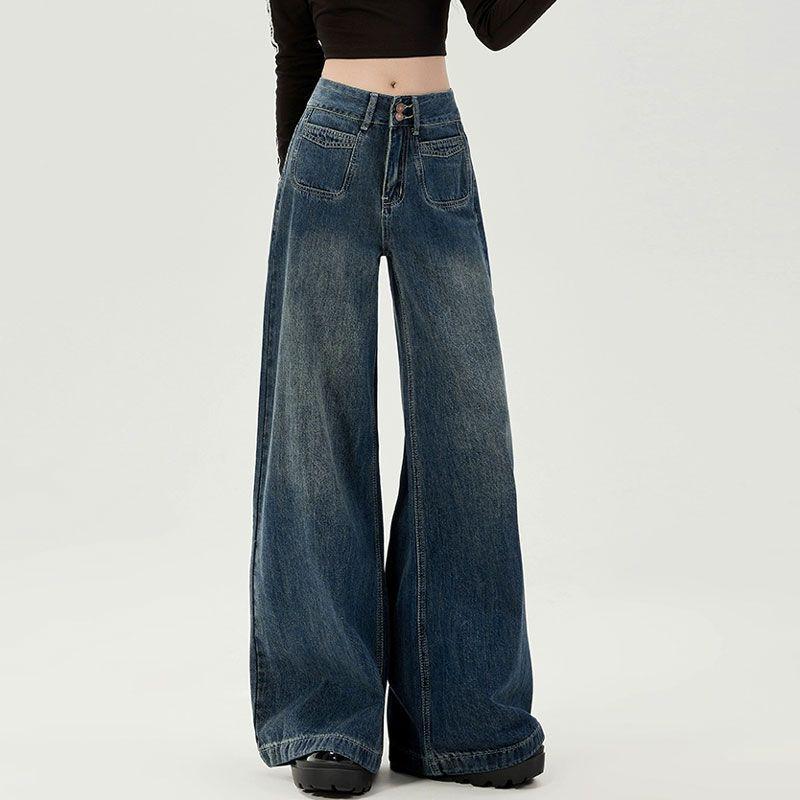 

Women s 2025 Autumn/Winter Fleece-Lined High-Waist Wide-Leg Jeans with Double Button and Floor-Length Design L