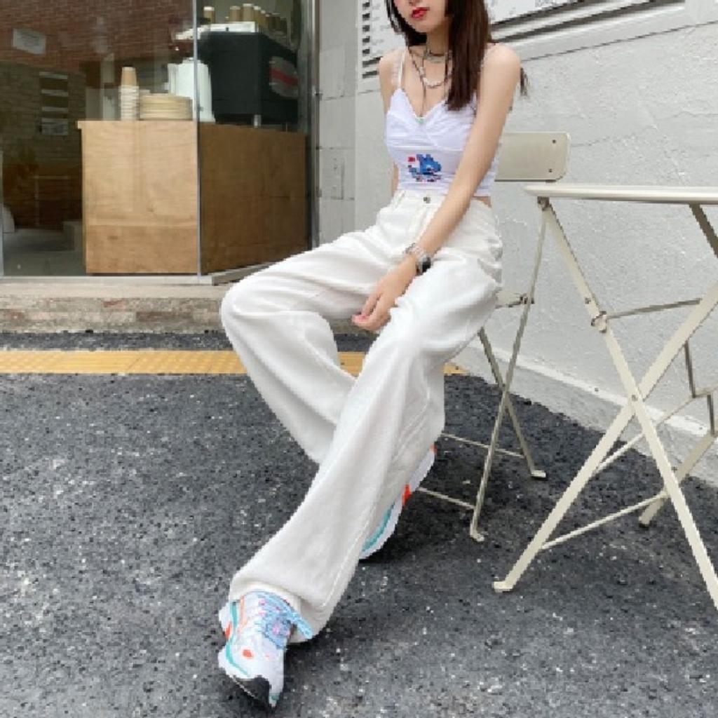 Women's High Waist Straight Leg Jeans Casual White Denim Pants Loose Trousers