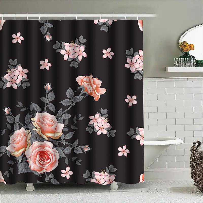 Delightful Floral Shower Curtain, Pink Roses Gray Blossoms Decor, Black Bath Fabric Curtain For Bathroom Decor, Waterproof Showe