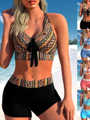New Summer High Elastic Bikini Set Vintage Print Two Piece Set Sexy Women's Lace Up Tank Top Beach Swimwear S-5XL