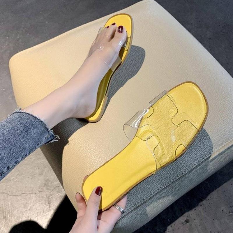 Summer new women's shoes one word fashion Korean version transparent jelly cool slippers flat bottom women's square head slippers women