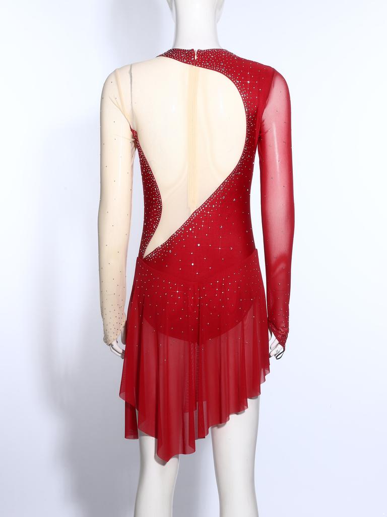 Women's Gymnastics Figure Skating Bodysuit S-XXL: Rhinestone Color Block Mesh Long Sleeve Chest Pleats Jumpsuit with Buttoned Crotch