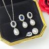 Blue Diamond Princess Lace Set: Pendant, Earrings, and Ring with 7-9MM Freshwater Pearl. Exquisite and Simple Design.