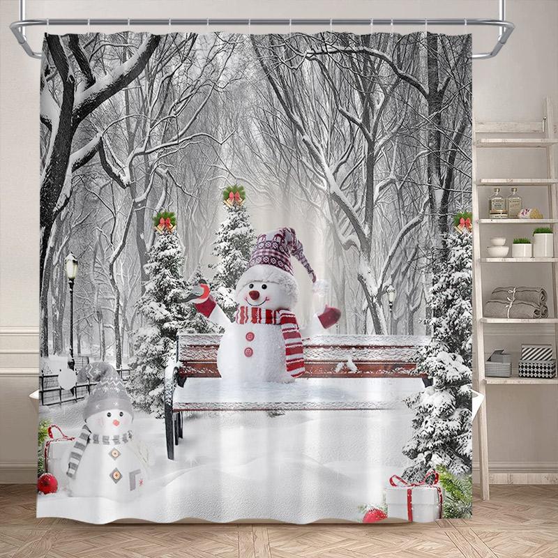 

Cute Snowman Christmas Shower Curtains Xmas Tree Gift Cartoon Santa Claus Winter Scenery Bath Curtain Fabric Home Bathroom Decor W60H190(CM)-1 Pcs