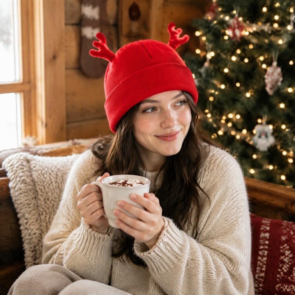Cute Reindeer Antler Hat Warm Deer Horn Beanie Cosplay Knit Beanie Cap Festival