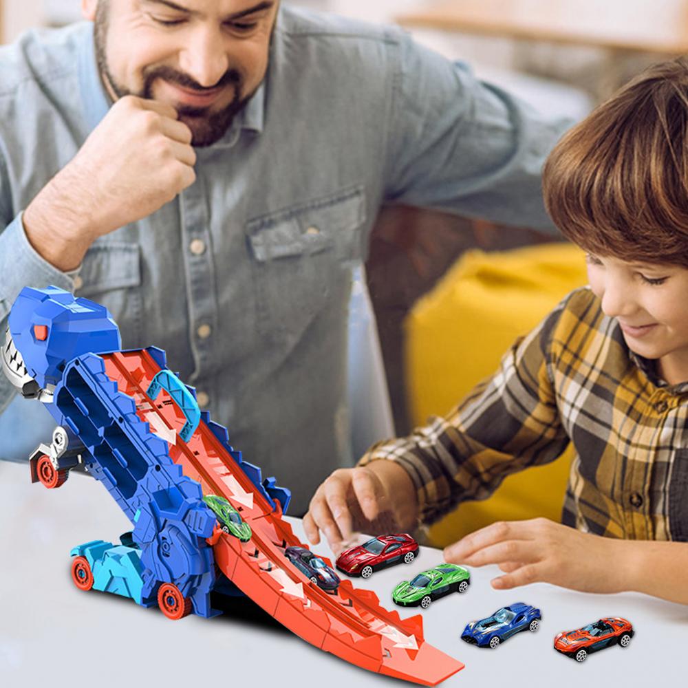 Camión de dinosaurio transformado, transportador de dinosaurios Hot Wheels  con 4 vehículos de juguete que se