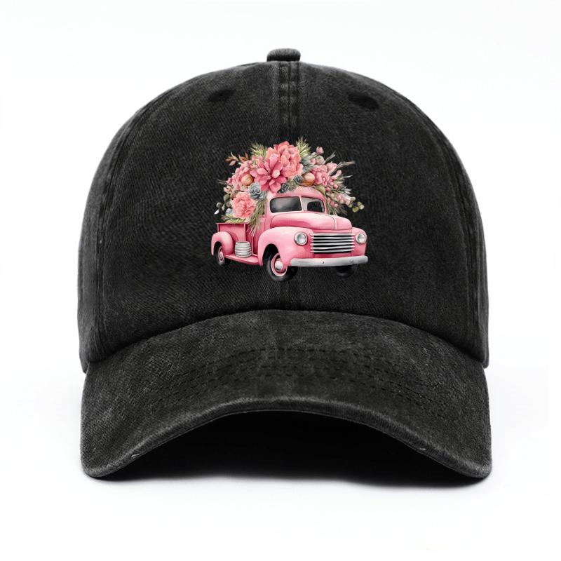 Pink Flower Truck Print Cotton Baseball Cap Vintage Casual Adjustable Unisex Summer Hat