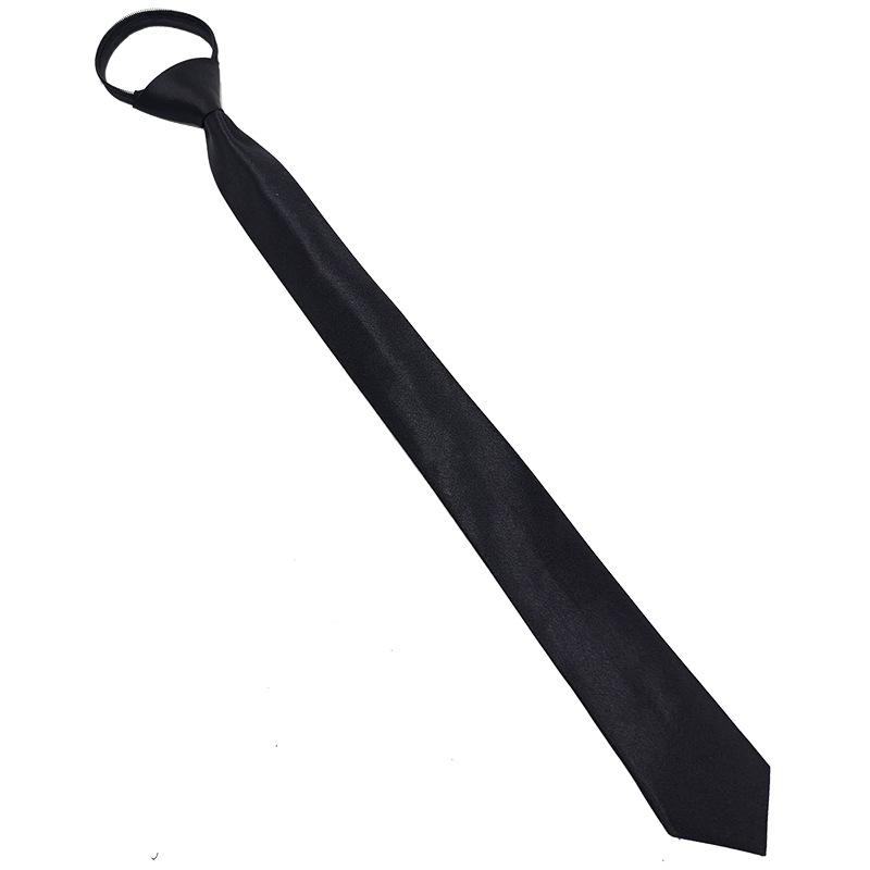 Plain Black Satin 5cm Ultra-Narrow Korean Style Men's Tie with Easy-Pull Zipper for Formal Wear.