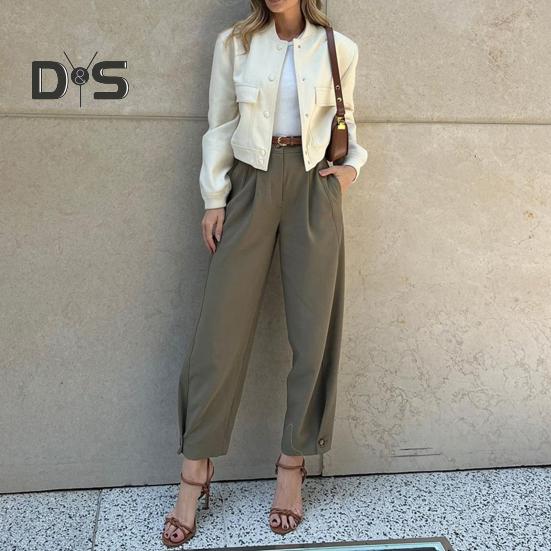 Dámský oblek Kalhoty Vysoký pas Knoflíky Zip Fly Volný Jednobarevné Kalhoty s kapsami Styl dojíždění Dlouhé kalhoty