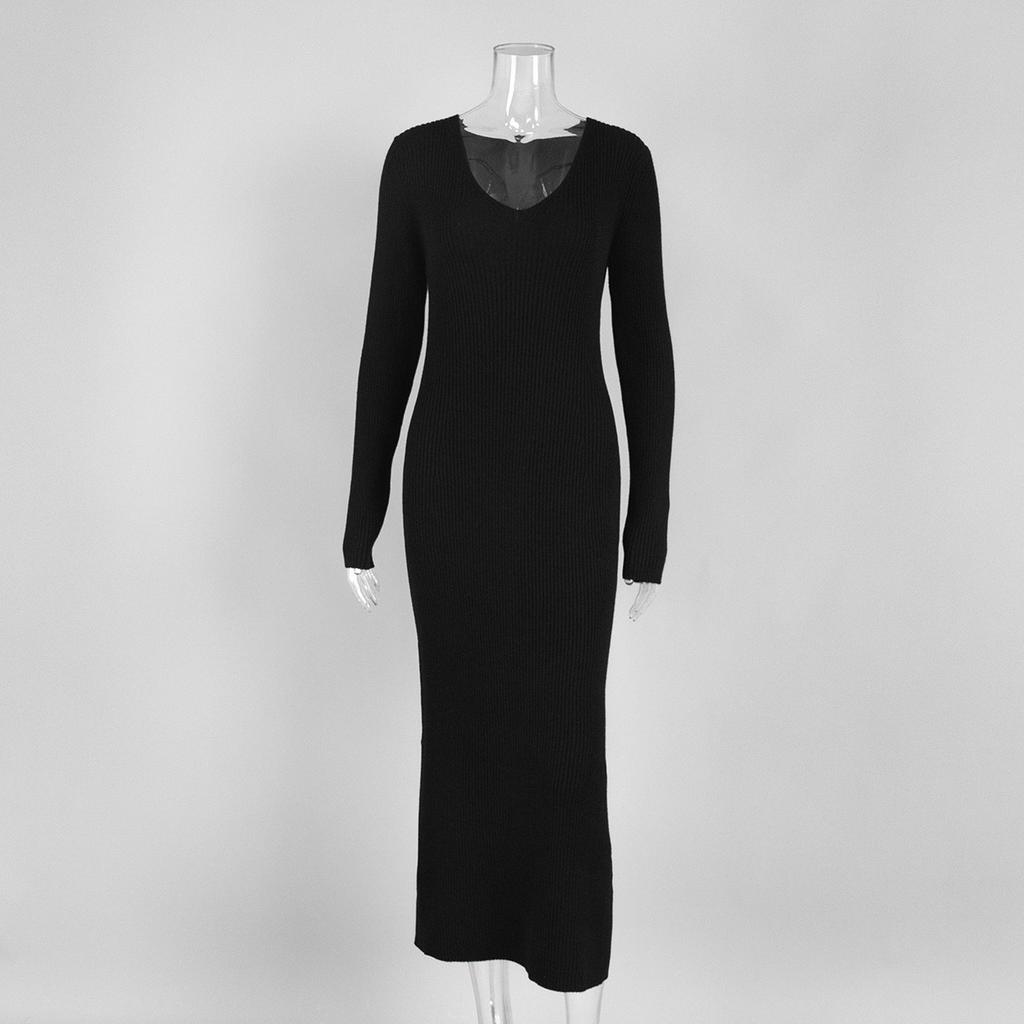 Einfarbige Langarm-Strickkleid Damen Europäisch, Amerikanisch Herbst und Winter Neu Temperament V-Ausschnitt Figurbetont Hüftumhüllend Strickkleid