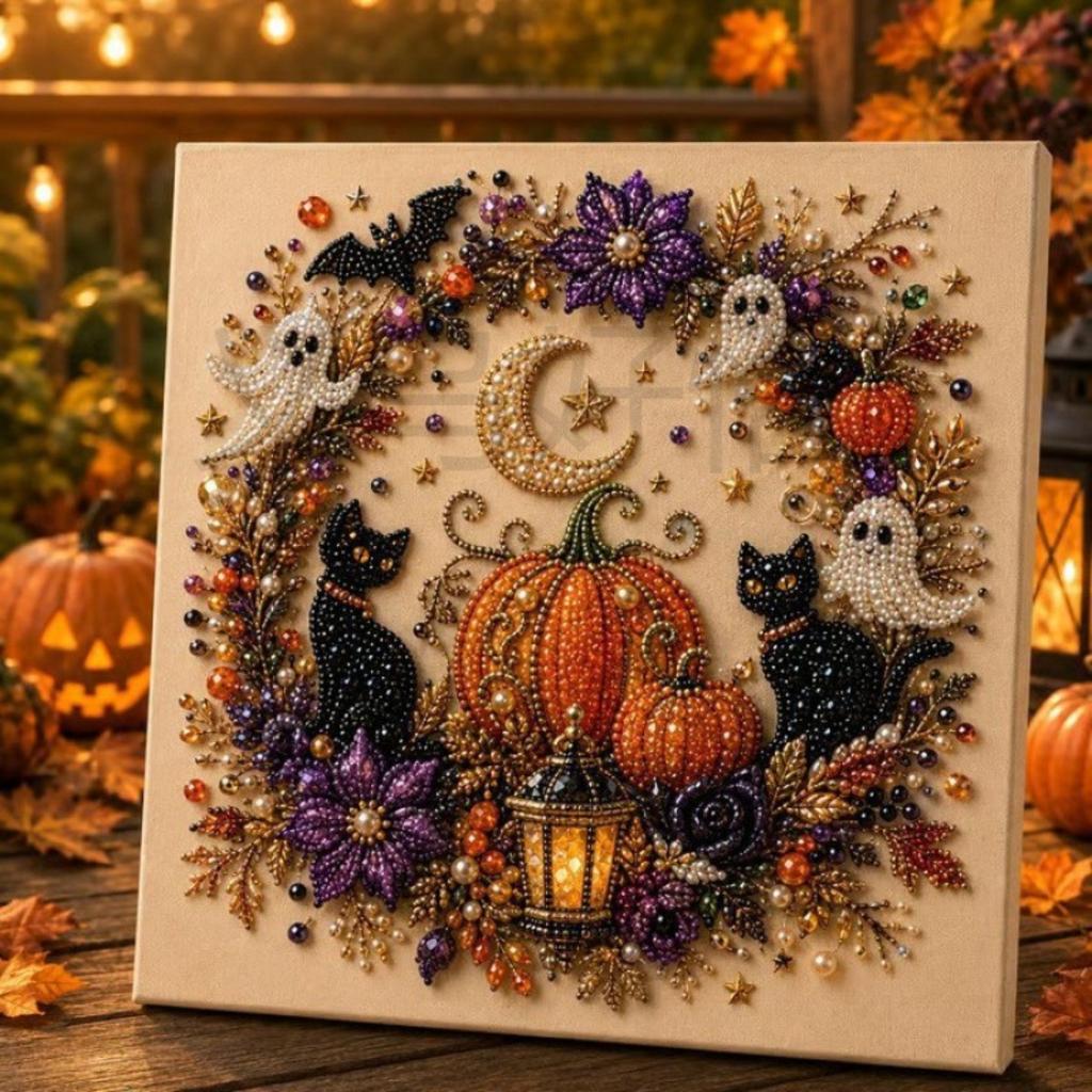 Halloween Pearl Art DIY Kit, Ghost Pumpkin Diamond Painting Craft Set, Sparkling Bead Embroidery Wall Decor for Halloween Home Decoration