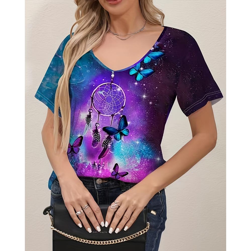 Dam T-shirt Sommar Gradient Grafiskt Tryck Blus V-ringning Mode Dam Retro Kläder Blommig Tryck T-shirt Damkläder
