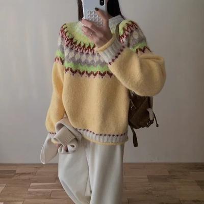 Vintage Heavy Industry Fair Island Christmas Knitted Pullover Women's Autumn and Winter Loose Lazy Wind Soft Waxy Knitted Sweater Top